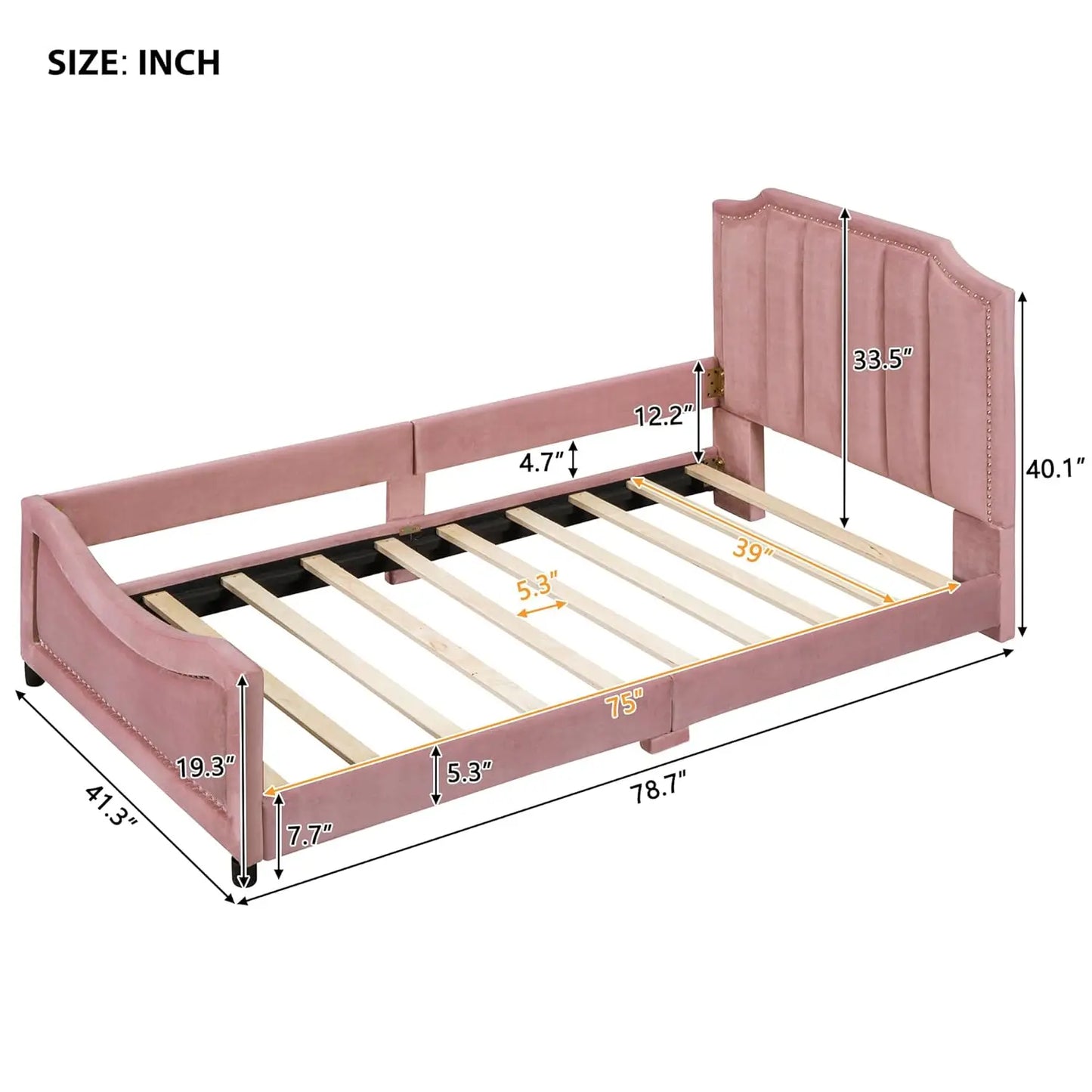 Twin Size Upholstered Bed with Belgrave Headboard, Low Platform Bed Frame with Rails, Kids Velvet Daybed with Slats, Customized