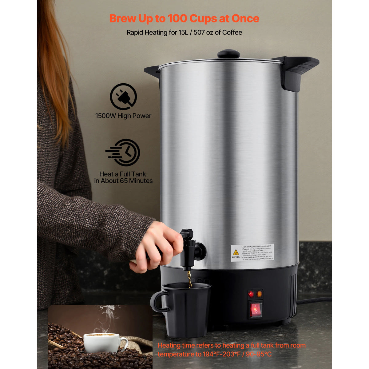 SucceBuy Commercial Coffee Urn 100Cup 15L Hot Beverage Dispenser with Dripless Faucet Quick-Brewing Stainless Steel Coffee Maker