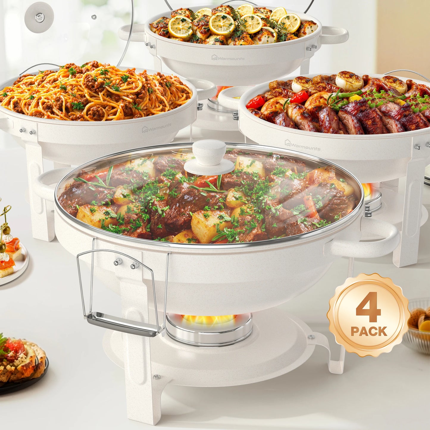 Warmounts Fully Coated Round Chafing Dishes Buffet Set With Glass Lid