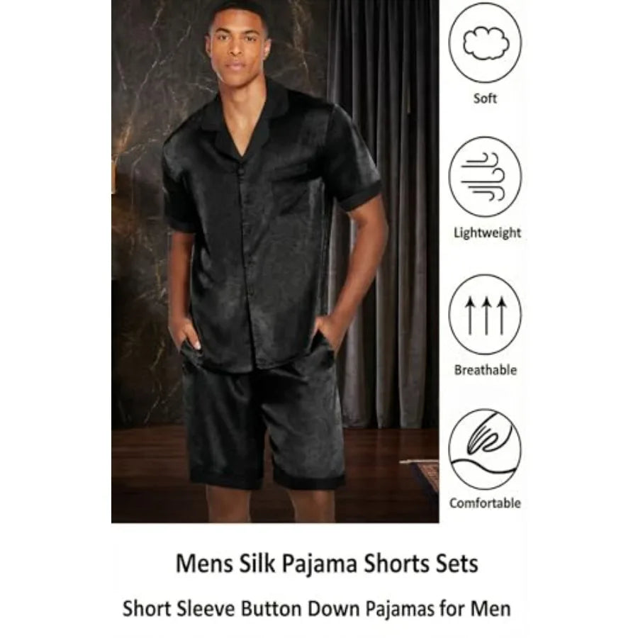 Men Satin Silk Pajamas Set with Pockets Sleepwear Shorts Satin Summer Loungewear 2 Pcs Button Down Set S-3XL