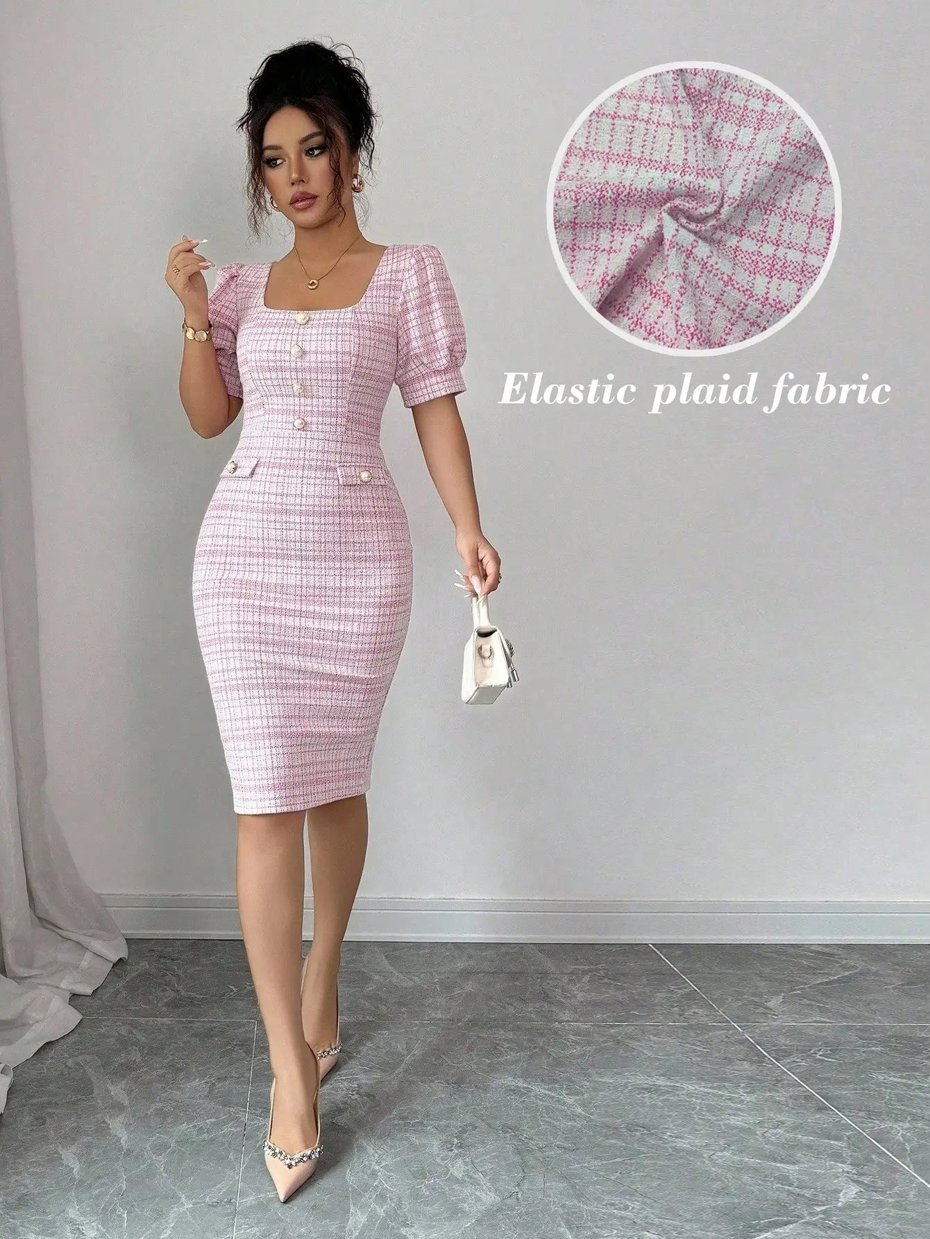 Elegant Plaid Puff Sleeve Square Neck Bodycon Dress For Women