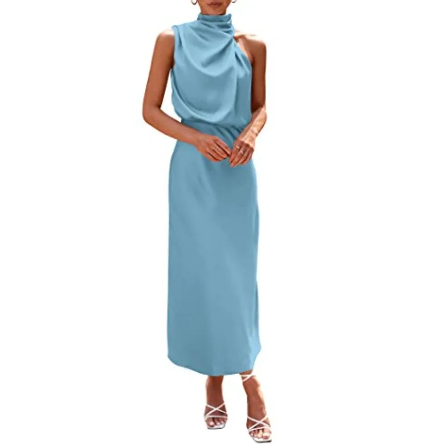 PRETTYGARDEN Women's 2026 Summer Satin Dress Elegant Sleeveless Mock Neck Cocktail Party Maxi Dresses