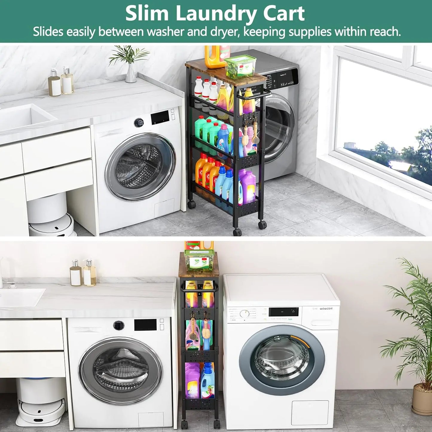 Slim Storage Cart With Wheels, 4 Tier Small Rolling Cart With Wood Top, Metal Kitchen Bathroom Laundry Room Organization