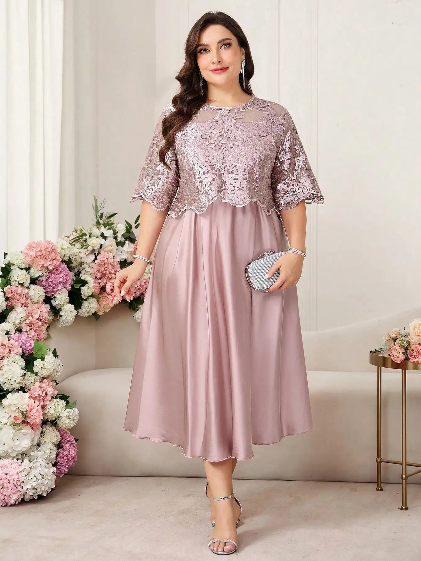 Plus Size Floral Embroidery Elegant Round Neck Midi Dress For Spring Summer