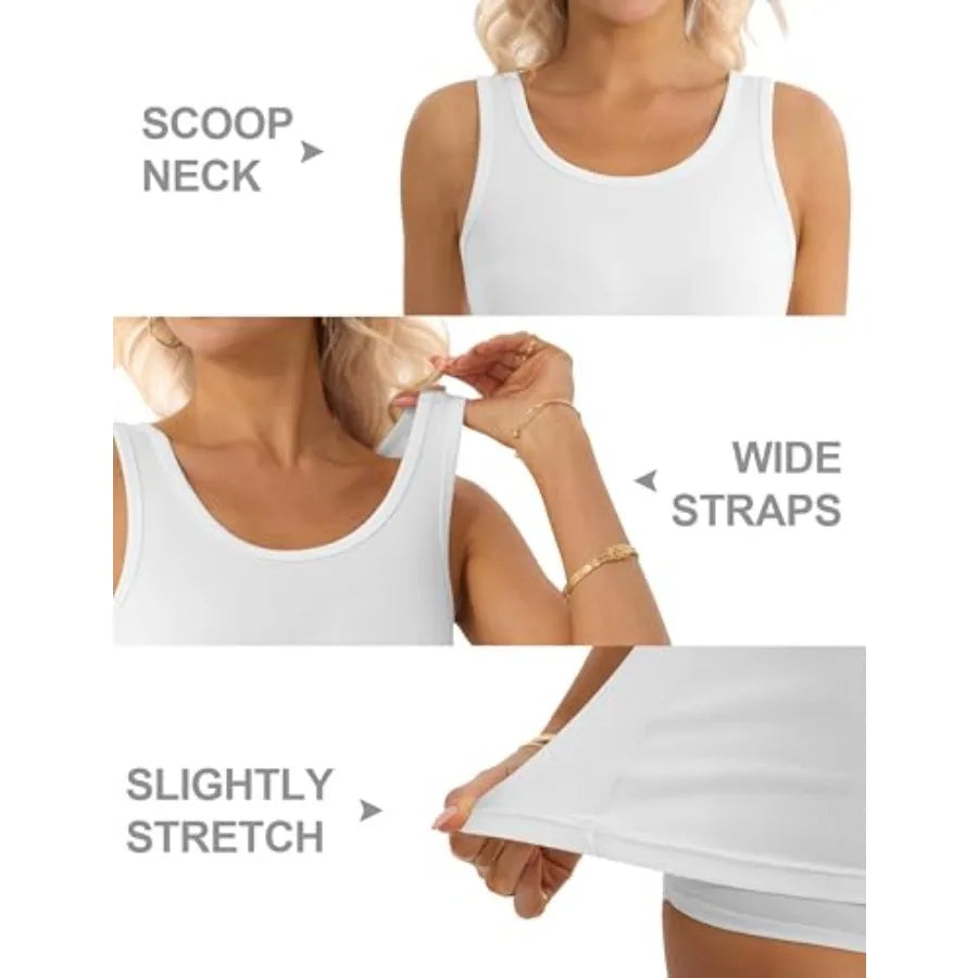 5 Pack Tank Tops for Women Cotton Undershirts Slim Fit Scoop Neck Basic Tanks Sleeveless Wide Strap Layering Top