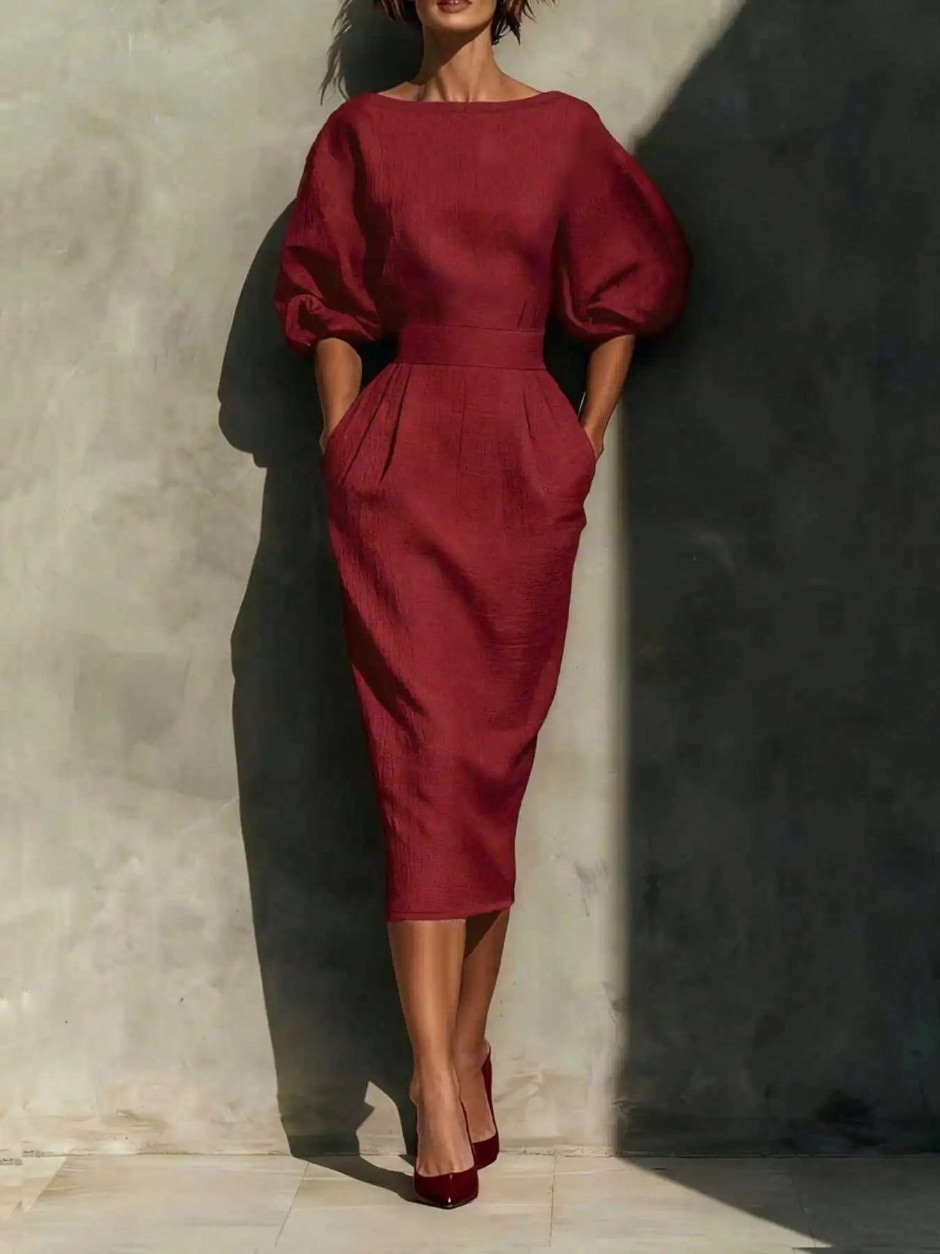 Elegant Wine Red Round Neck Midi Dress With Pockets And Back Slit