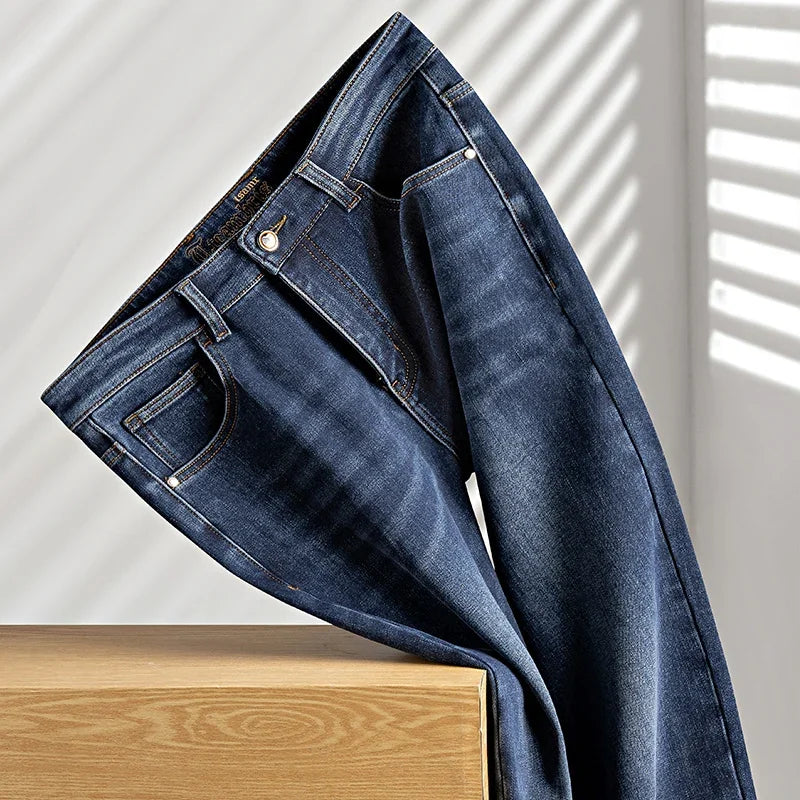 BROWON Brand 2026 Autumn Winter Thick Casual Jeans Men Fashion Dark Blue Straight Streetwear Men Denim Brushed Jeans
