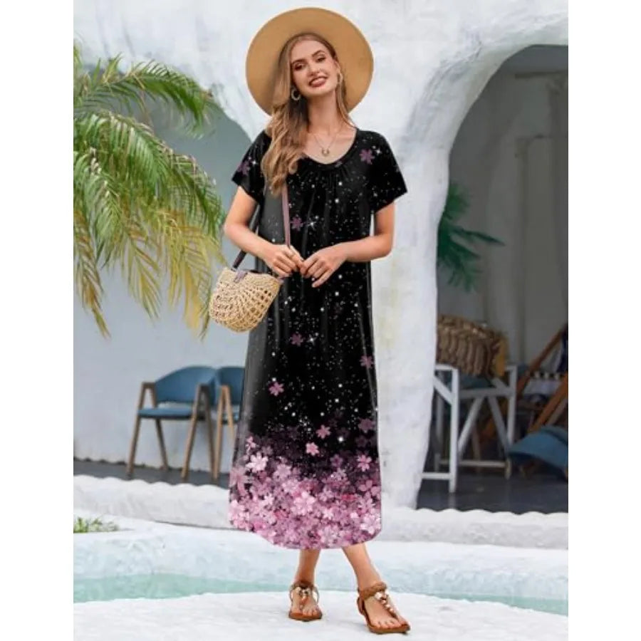 Ekouaer 3 Pack Long Nightgowns for Women Plus Size House Dress Short Sleeve Night Gown V Neck Casual Nightshirt M-5XL