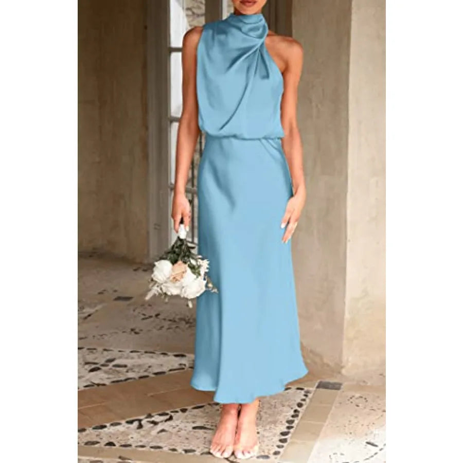 PRETTYGARDEN Women's 2026 Summer Satin Dress Elegant Sleeveless Mock Neck Cocktail Party Maxi Dresses