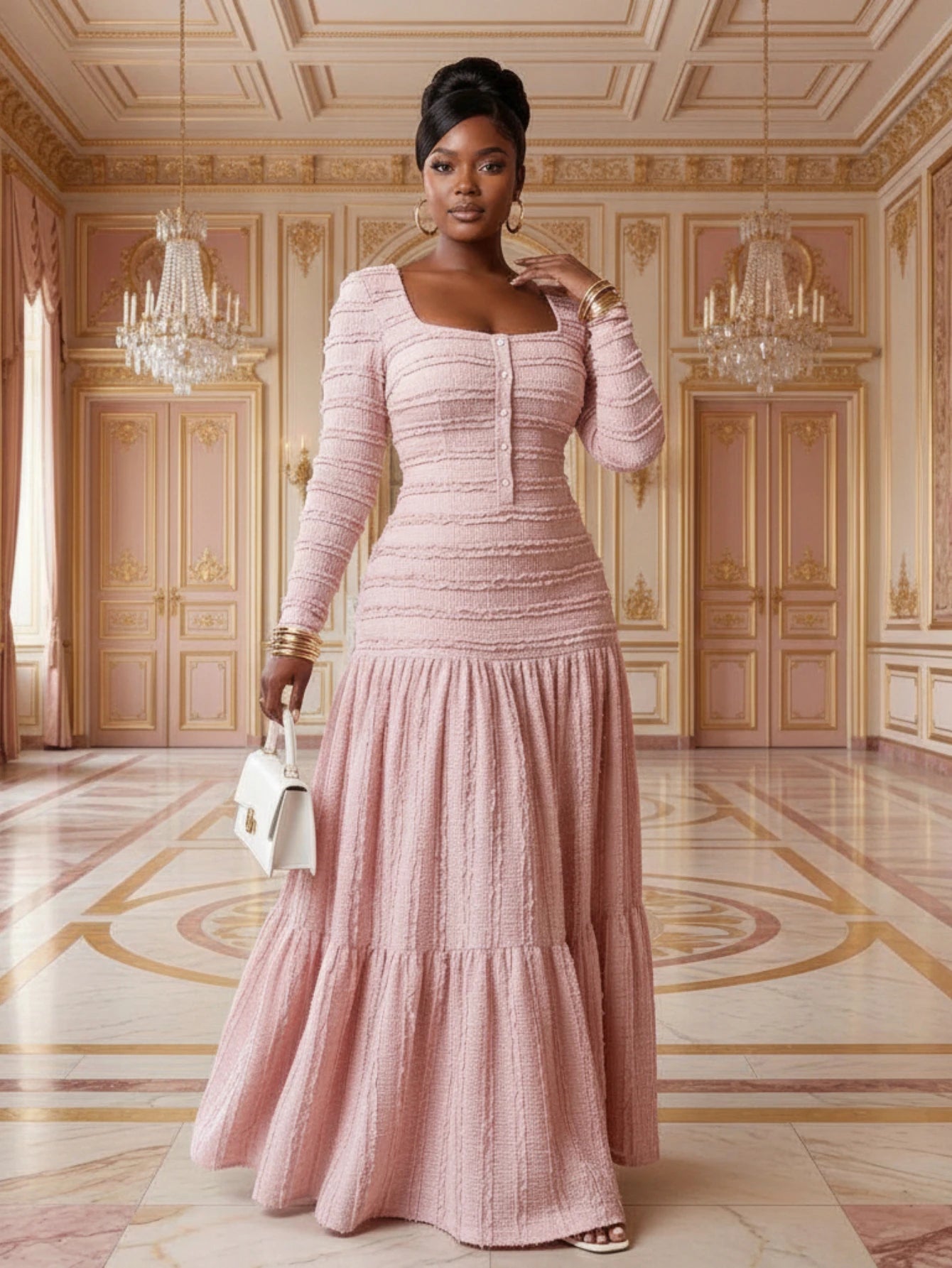 Women's Square Neck Button Front Long Sleeve Tiered Maxi Dress For Wedding Guest Dinner Evening Formal Fashion Occasions
