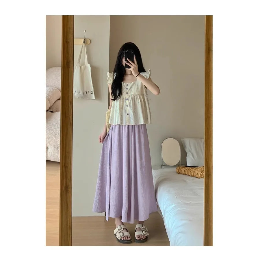 【HOT】A-line big swing culottes summer forest texture pleated skirt small man lazy mid-style long dress pleated