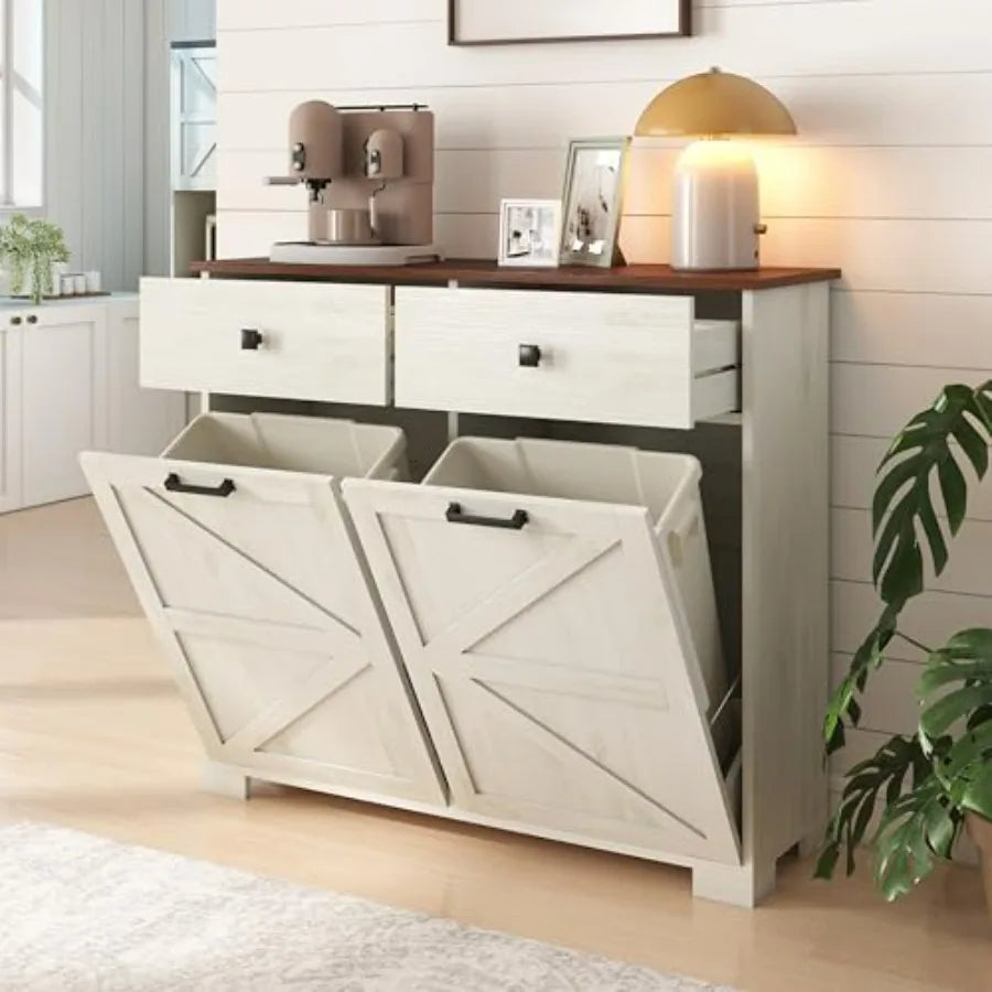 Farmhouse Double Tilt Out Trash Cabinet for 20 Gallon Trash Cans Free Standing Recycling Cabinet with Hideaway Drawer Barn Door