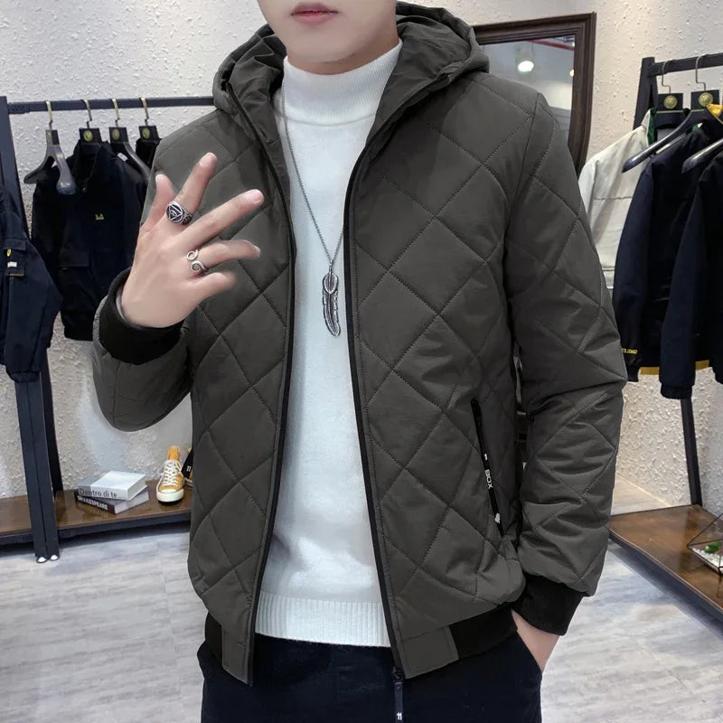 BROWON New Winter Jacket Men Thick Long Sleeve Argyle Hooded Cotton Men Jacket Oversized Plus Velvet Zipper Jacket Parkas Men