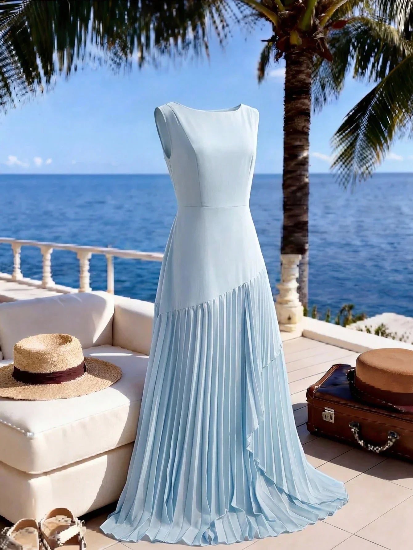 Elegant Light Blue Sleeveless Round Neck Pleated A-Line Floor Length Dress For Women