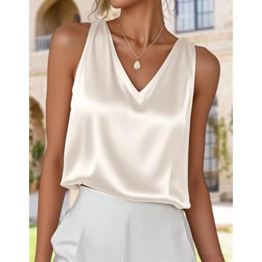 IDEALSANXUN Womens V Neck Satin Tank Tops Spring Summer Dressy Sleeveless Shirt Blouse Camisole