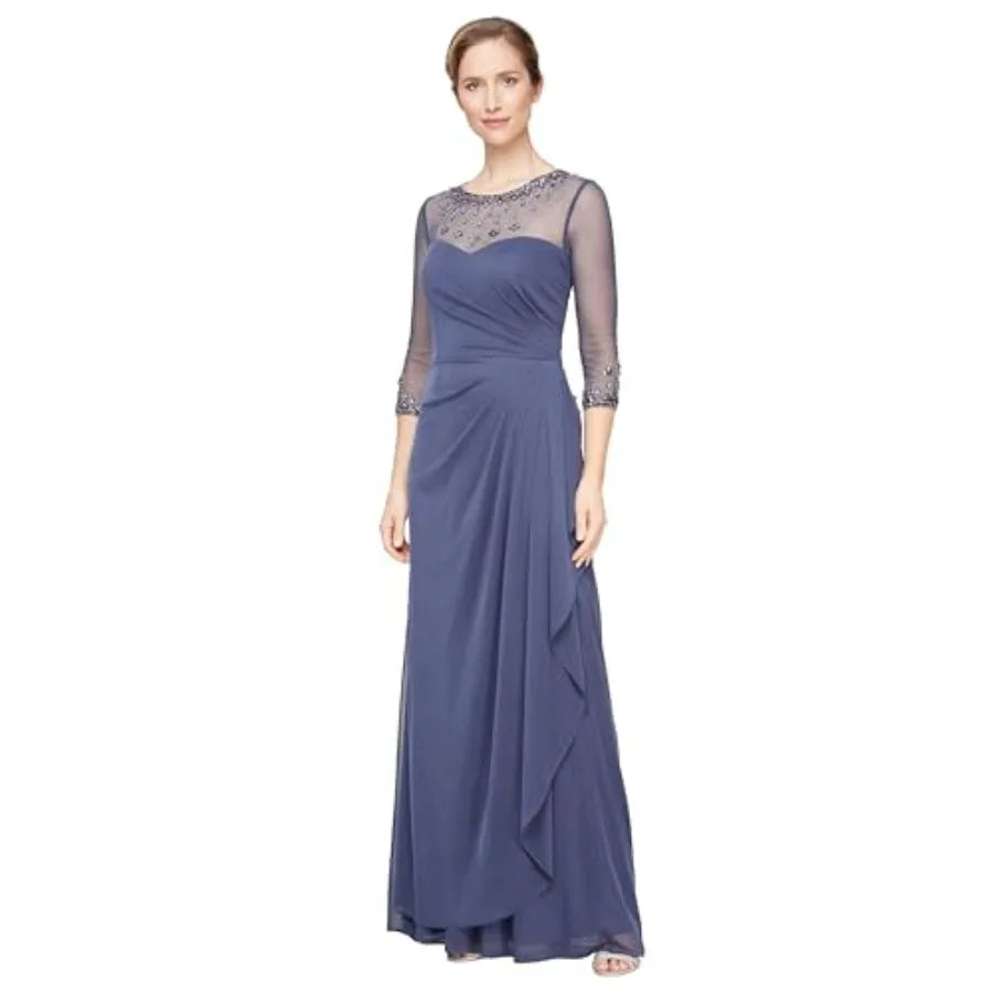Women's Long A-line Mother of The Bride Dress with Illusion Neck and Sleeves Petite and Regular Sizes