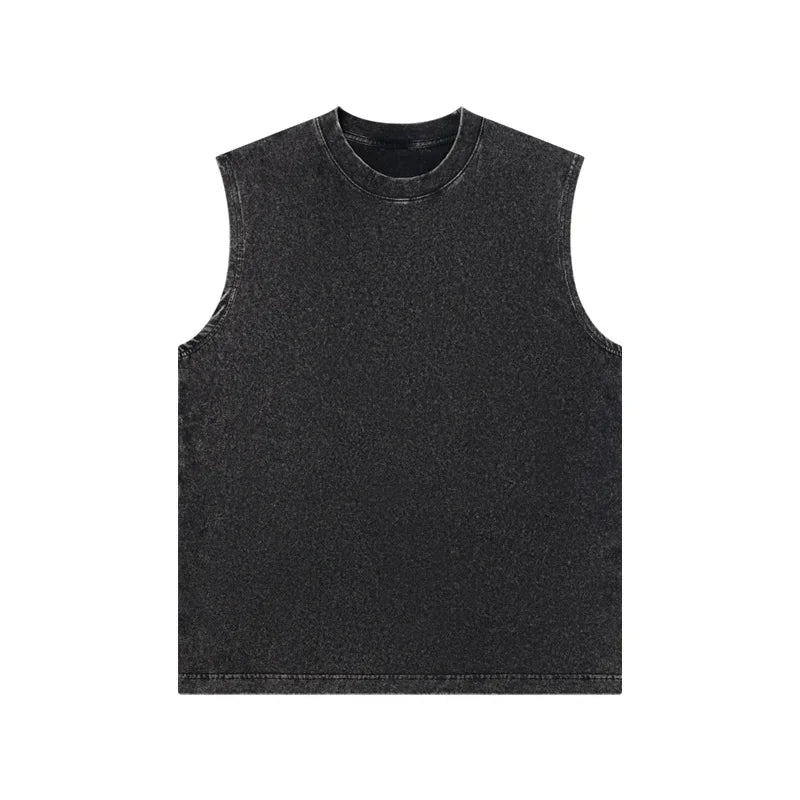 230g Pure Cotton European and American High Street Retro Washed Distressed Sleeveless Vest Men's Casual Loose Shoulder T-shirt