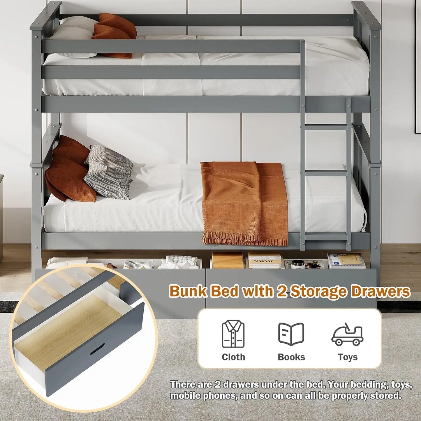 Bunk Bed Twin Over Twin with Storage Drawers, Gray Convertible Wood Twin Bunk Beds with Ladder and Safety, Customized