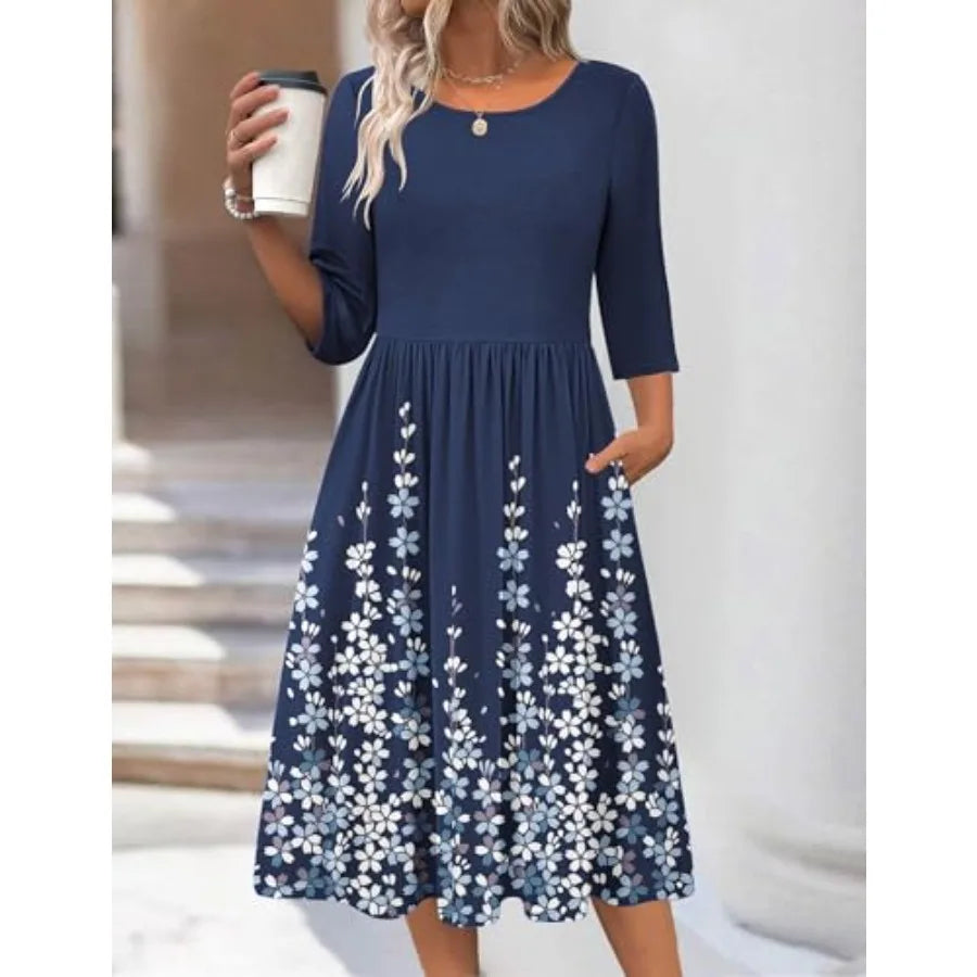 Zeagoo 3/4 Sleeve Women's Dress Casual Flowy A-Line Midi Tshirt Dresses with Pockets Crewneck Vocation Boho Beach Sundress