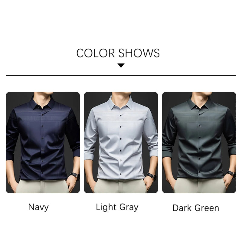 BROWON Long Sleeve Man Shirt Solid Color Business Slim Work Shirt Man 2026 Autumn New Casual Striped Print Shirt Men's Wear