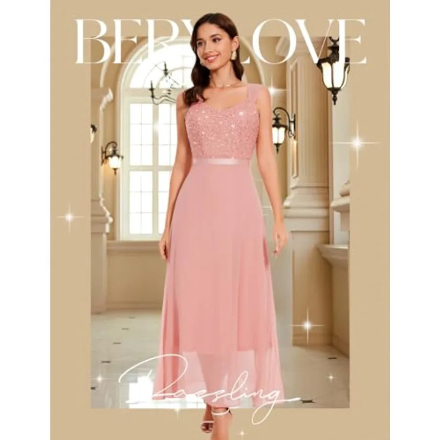BeryLove Formal Wedding Guest Sequin Prom Dresses Cocktail Evening Lace Elegant Mother of The Bride Dress