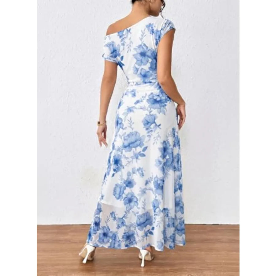 BLENCOT Women's Floral Off Shoulder Maxi Dress Ruched Bodycon Summer Wedding Guest Party Gown