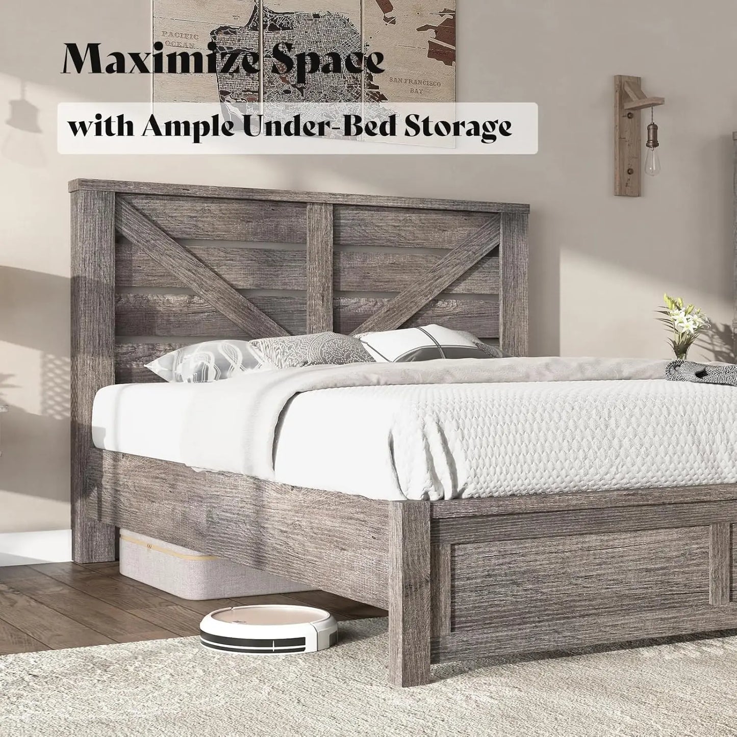 Queen Size Bed Frame with 49.2" Barn Door Headboard and Footboard, Farmhouse Platform Bed Frame with Wood Slats, No, Customized