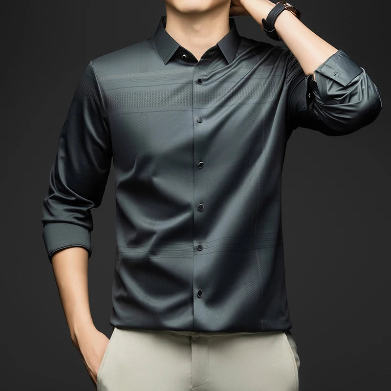 BROWON Long Sleeve Man Shirt Solid Color Business Slim Work Shirt Man 2026 Autumn New Casual Striped Print Shirt Men's Wear