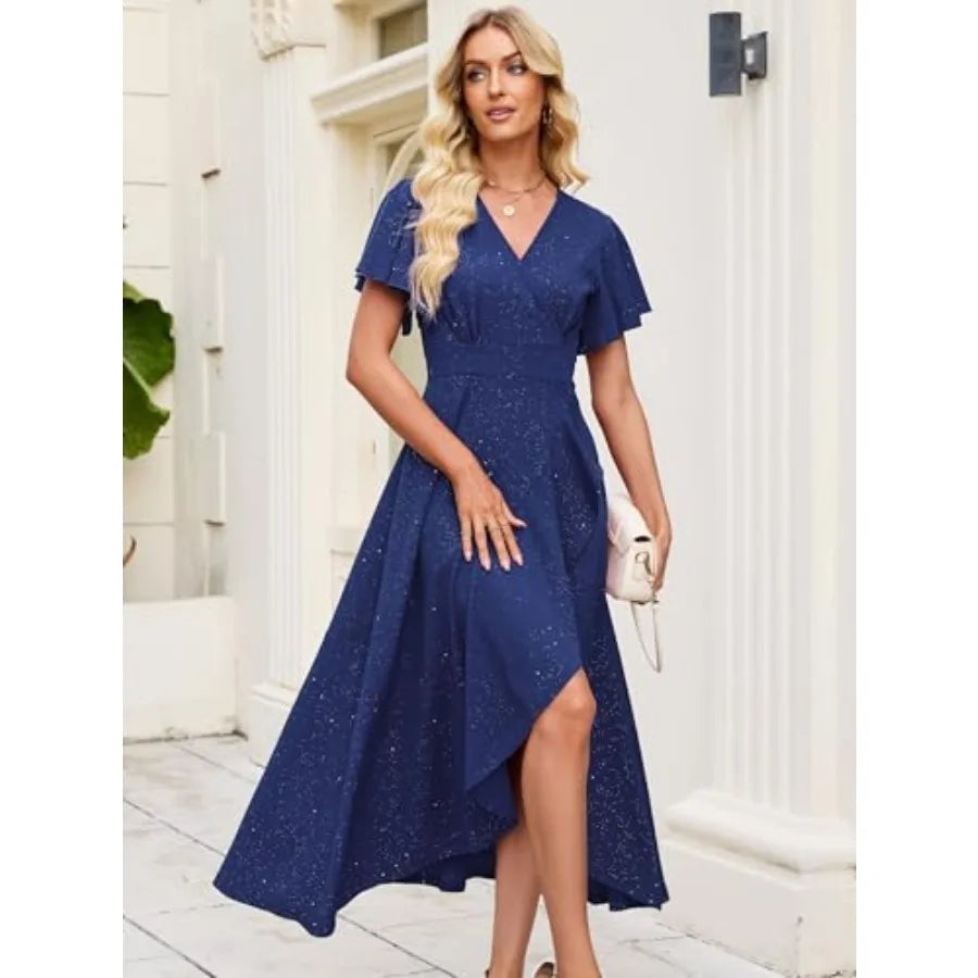Long Formal Dresses for Women Gowns Evening Party Cocktail Dress, Split Elegant V Neck Wrap Ruffle Wedding Guest Dresses