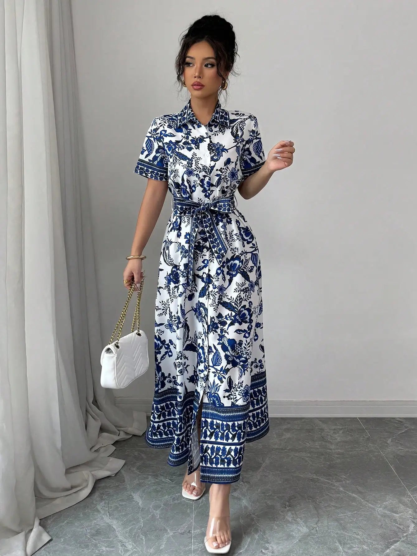 Casual Vacation Collared Button Up Porcelain Floral Print Flare Dress