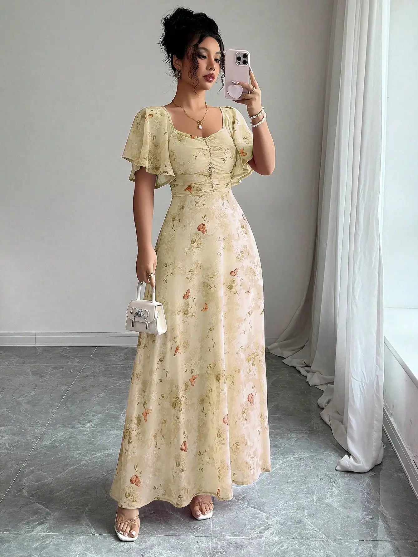 Women's Chiffon Butterfly Print Ruched Square Neck Batwing Sleeve Maxi Dress