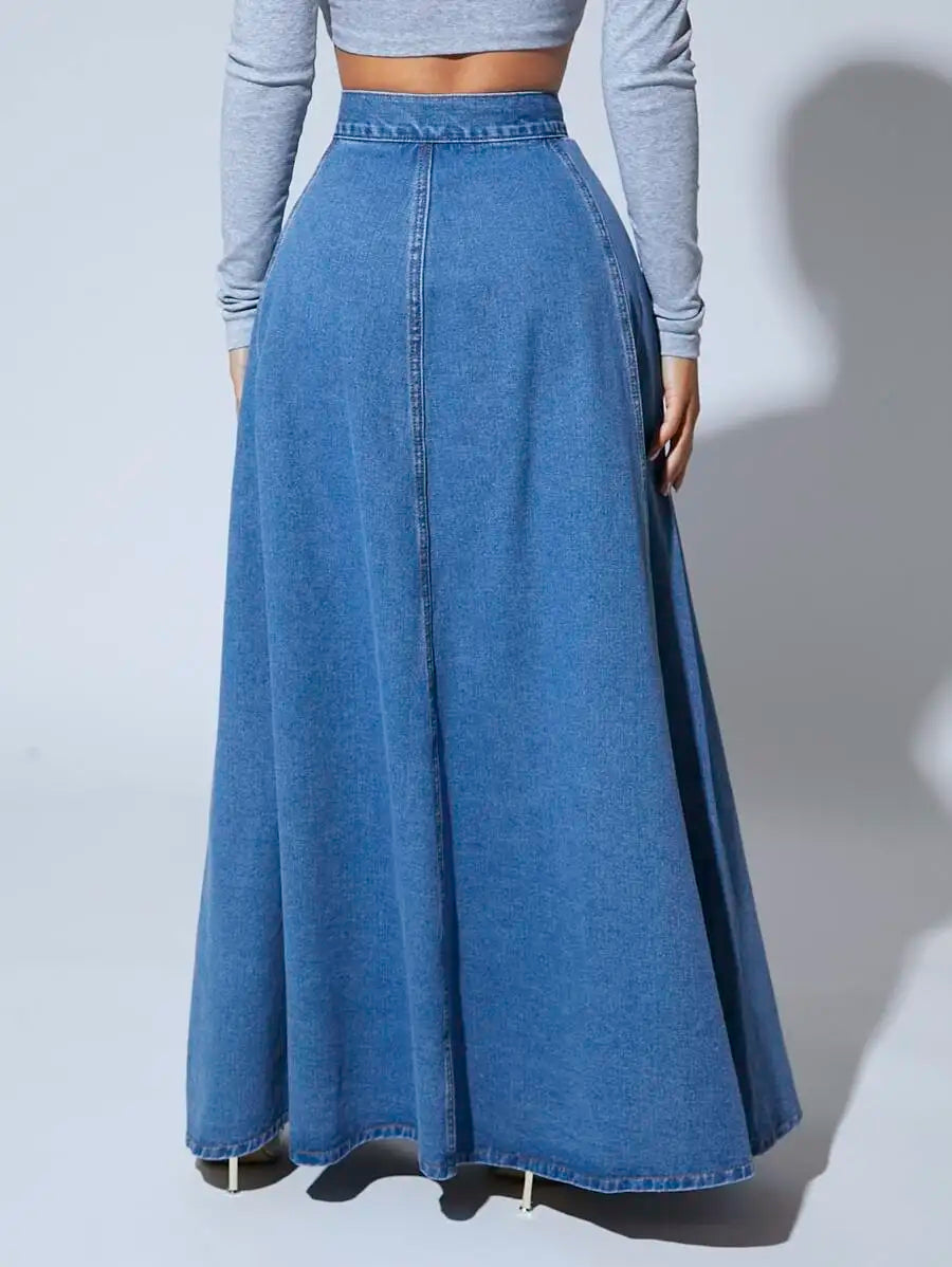 Front Button High-Waisted Denim Maxi Skirt for Women