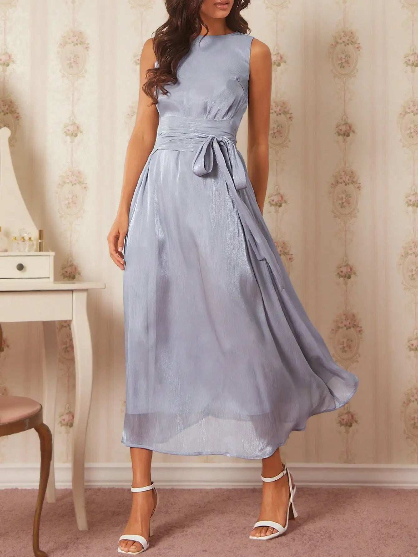 Women's Round Neck Plaid Knotted Waist A-Line Dress For Party Casual Outing