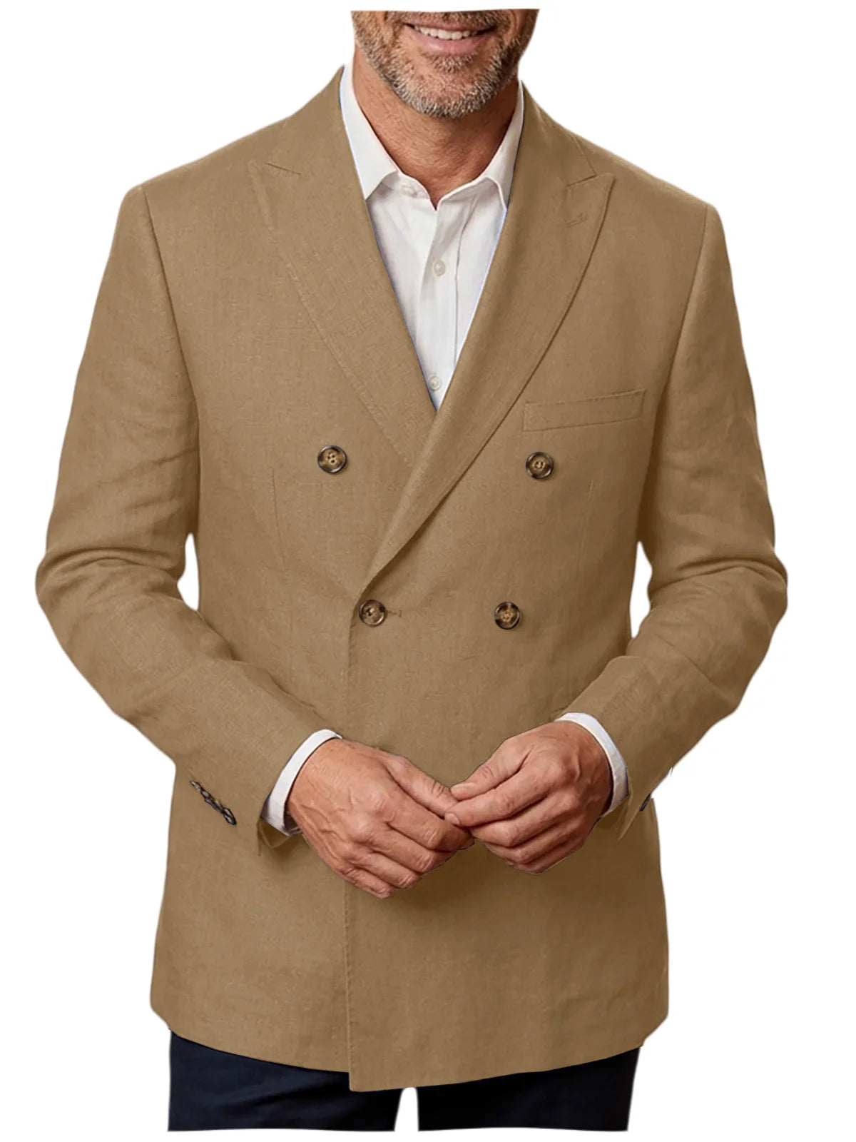 Men's Unlined Linen Blazer Double Breasted Casual Business Suit Jacket Slim Fit Formal Coat For Wedding Party Office Streetwear