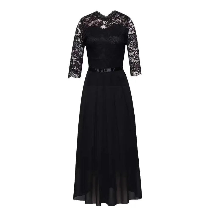 【New style】2026  evening dress European  stitching chiffon dress round neck lace long dress evening dress women