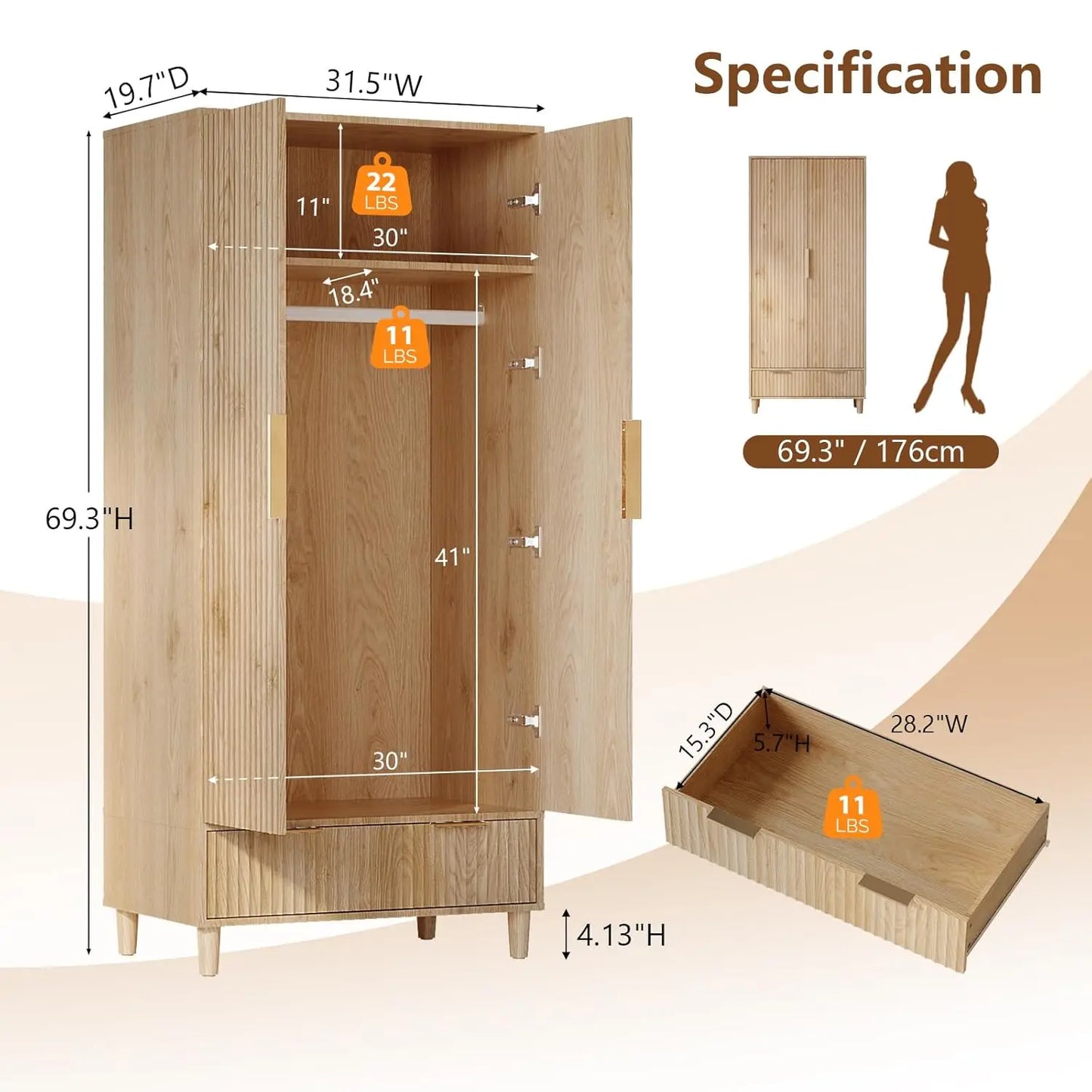 Fluted Wardrobe Closet Armoire with Doors And Drawers, Wardrobe Cabinet with Hanging Rack, Bedroom Closet Wood, Oak, Customized