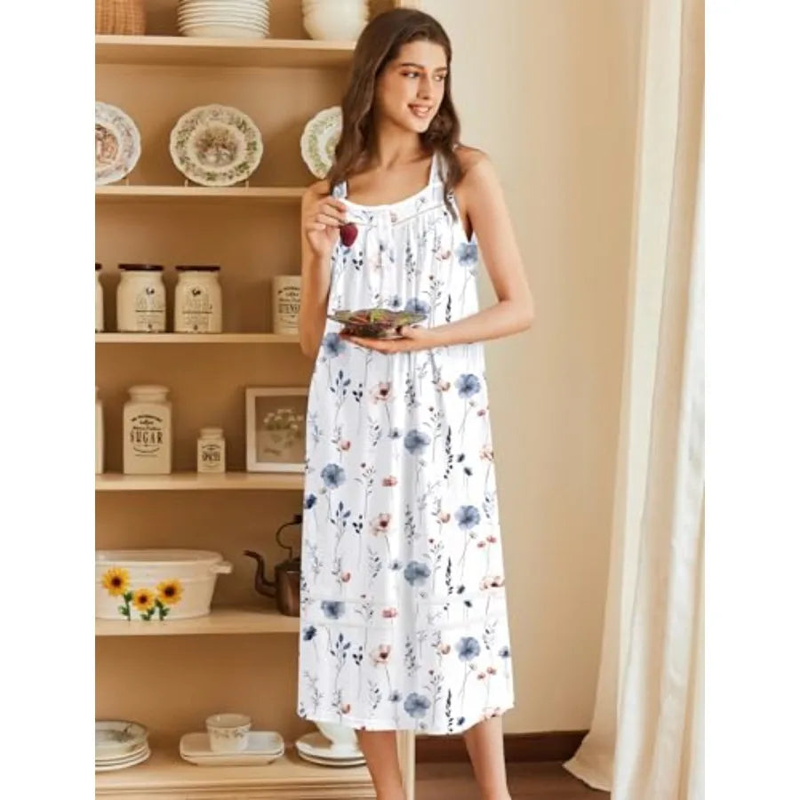 Ekouaer Nightgowns for Women Cotton Long Night Gowns Sleeveless Sleep Dress Victorian Nightdress Ladies Sleepwear XS-4XL