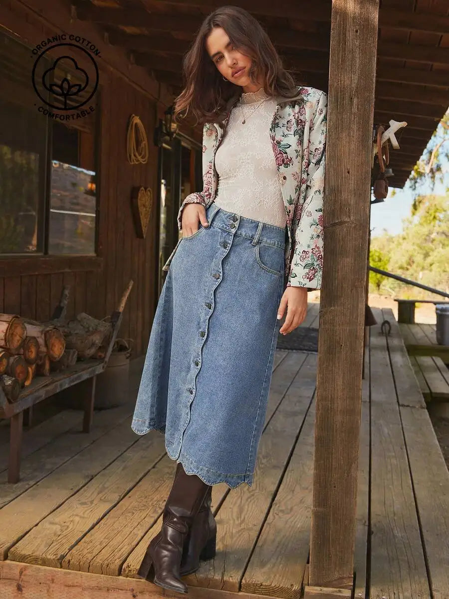 High Waist Scalloped Button Front Denim Midi Skirt For Women