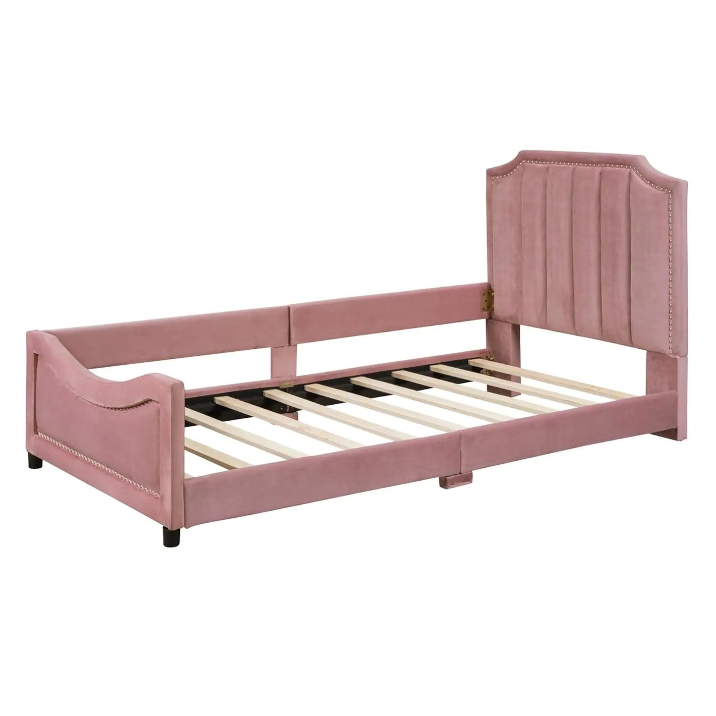 Twin Size Upholstered Bed with Belgrave Headboard, Low Platform Bed Frame with Rails, Kids Velvet Daybed with Slats, Customized