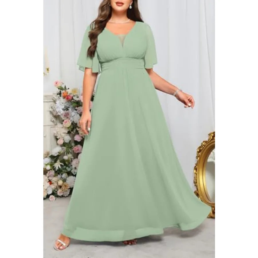 Talisea Plus Size Formal Dresses - V Neck Flutter Sleeves Evening Gowns Bridesmaid Wedding Guest Chiffon Long Maxi Dress