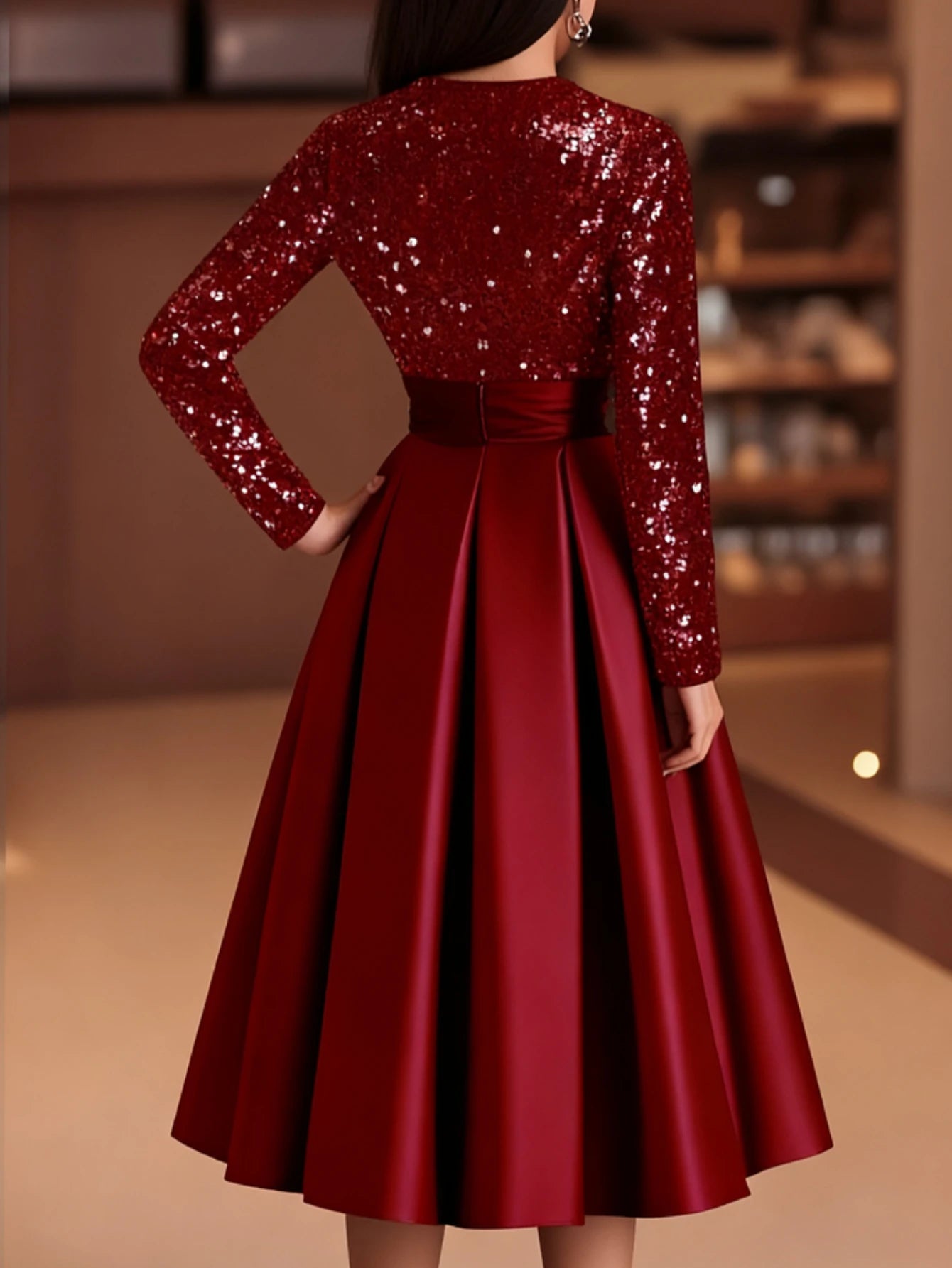 Women's Crew Neck Long Sleeve Sequin Patch Tie Flowy Midi Dress For Wedding Guest Banquet Evening Party Fashion Occasions
