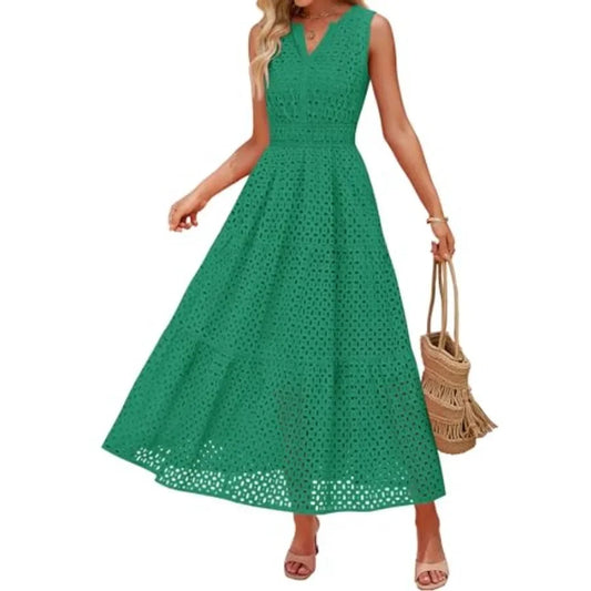 ZESICA Women's 2026 Summer Sleeveless Maxi Dress Casual V Neck Hollow Out Eyelet A Line Flowy Party Long Dresses