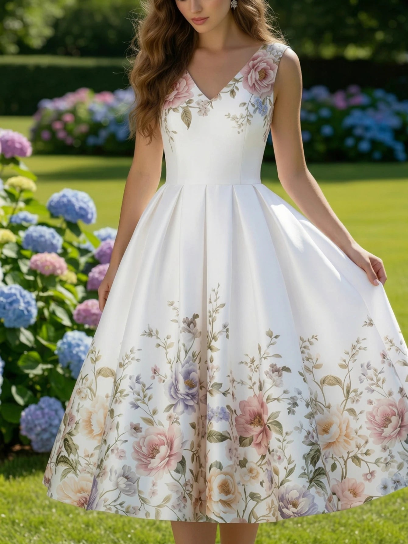 Women's V Neck Sleeveless All Over Floral Print Pleated Swing Midi Dress For Wedding Guest Garden Party Dinner Daily Fashion Occasions