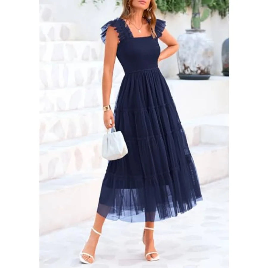PRETTYGARDEN Women's Summer Tulle Midi Dress Sleeveless Smocked Ruffle Flowy Mesh Dresses Party Wedding Guest Sundress