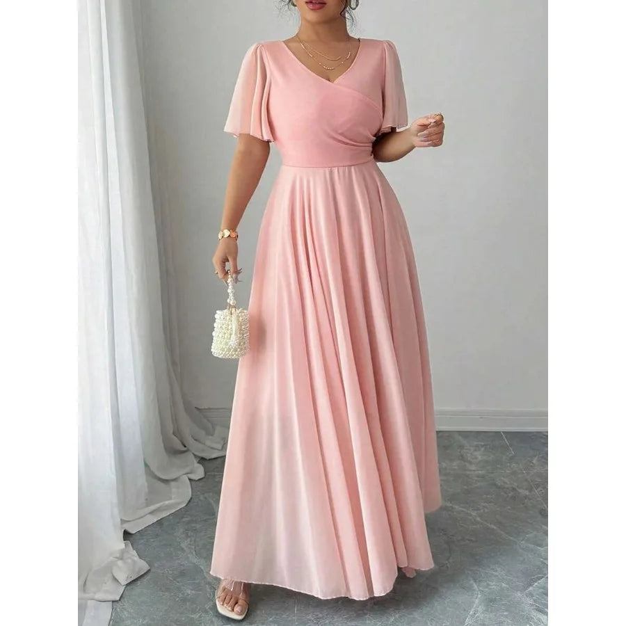 【New style】 Elenzya Plus Size Women Chiffon Ruffle Sleeve V-Neck A-Line Dress, Simple Elegant Romantic Graceful Flowing