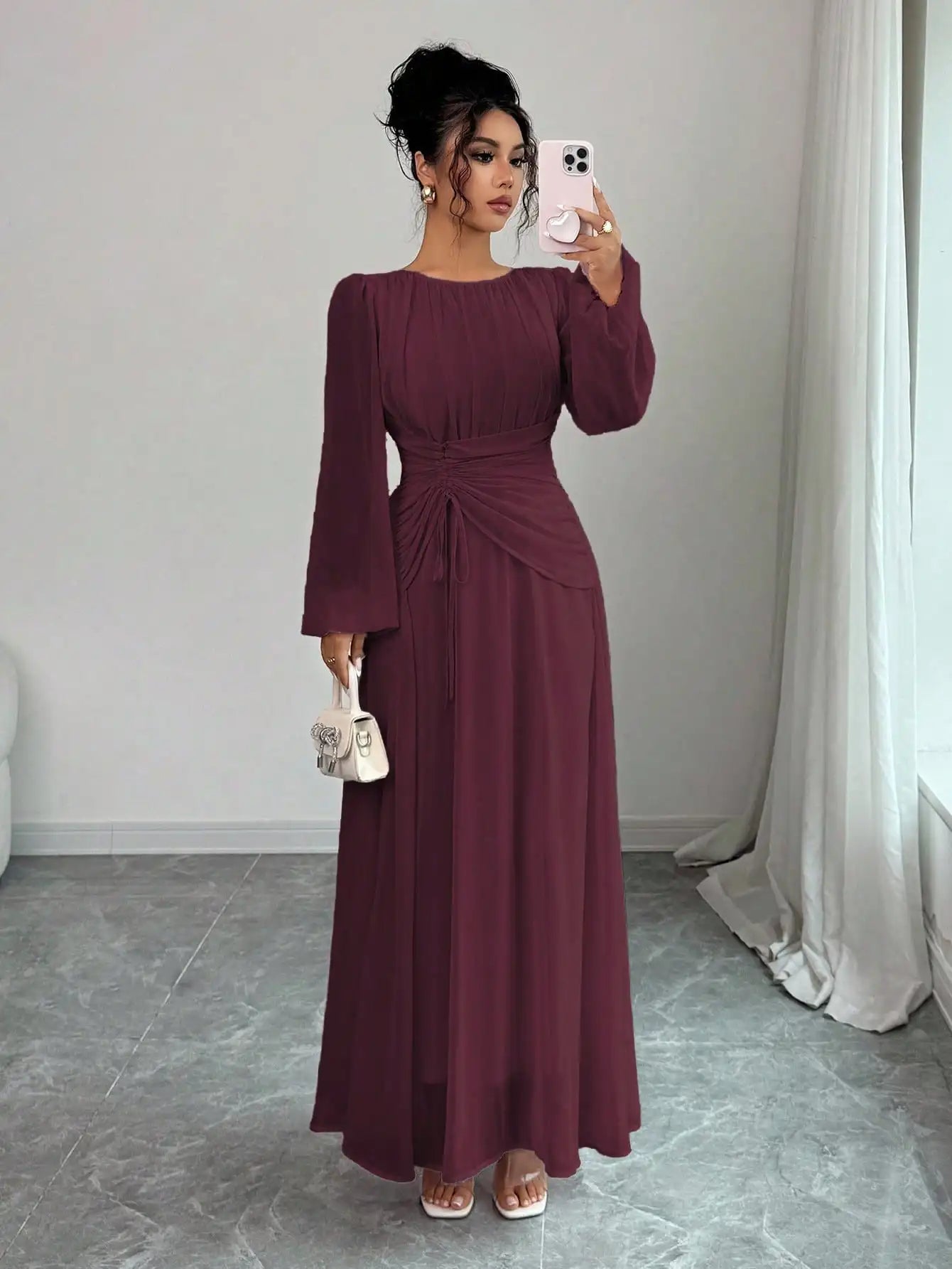Women's Spring Summer Romantic Elegant Ruched Waist A-Line Long Sleeve Maxi Dress