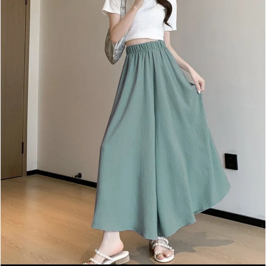 【HOT】A-line big swing culottes summer forest texture pleated skirt small man lazy mid-style long dress pleated