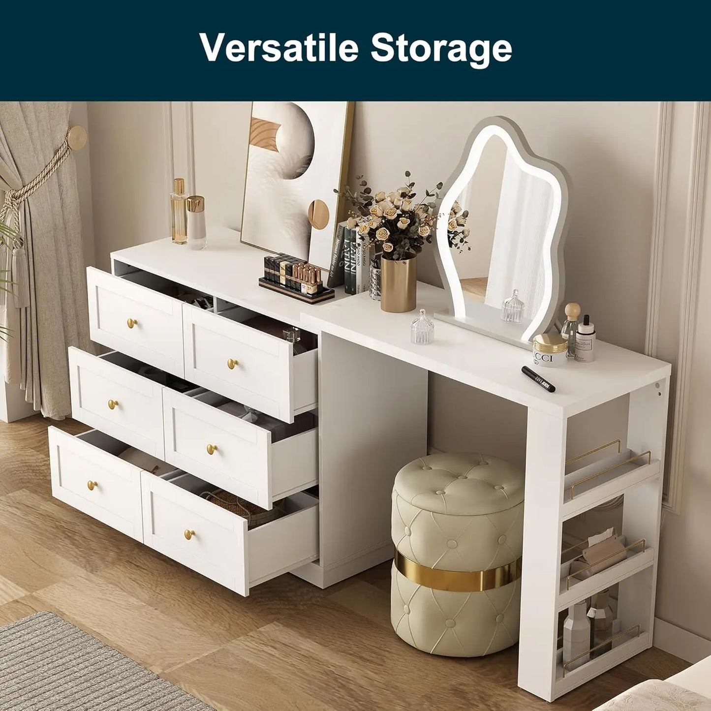 Vanity Desk and Dresser Combo, 67" L Extendable Big Makeup Vainty with 6 Drawer Dresser and 3 Side Shelves, Wood, Customized