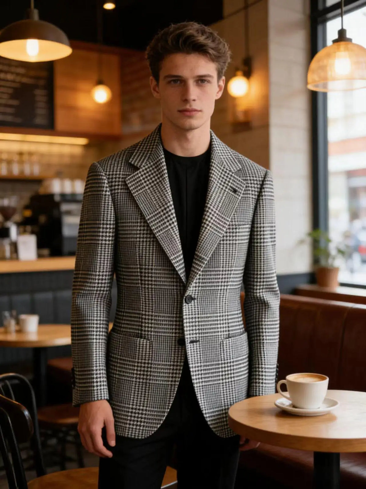 Mens Houndstooth Plaid Blazer Slim Fit Wool Blend Sport Coat Casual Two Button Notch Lapel Jacket Business Formal Tuxedo