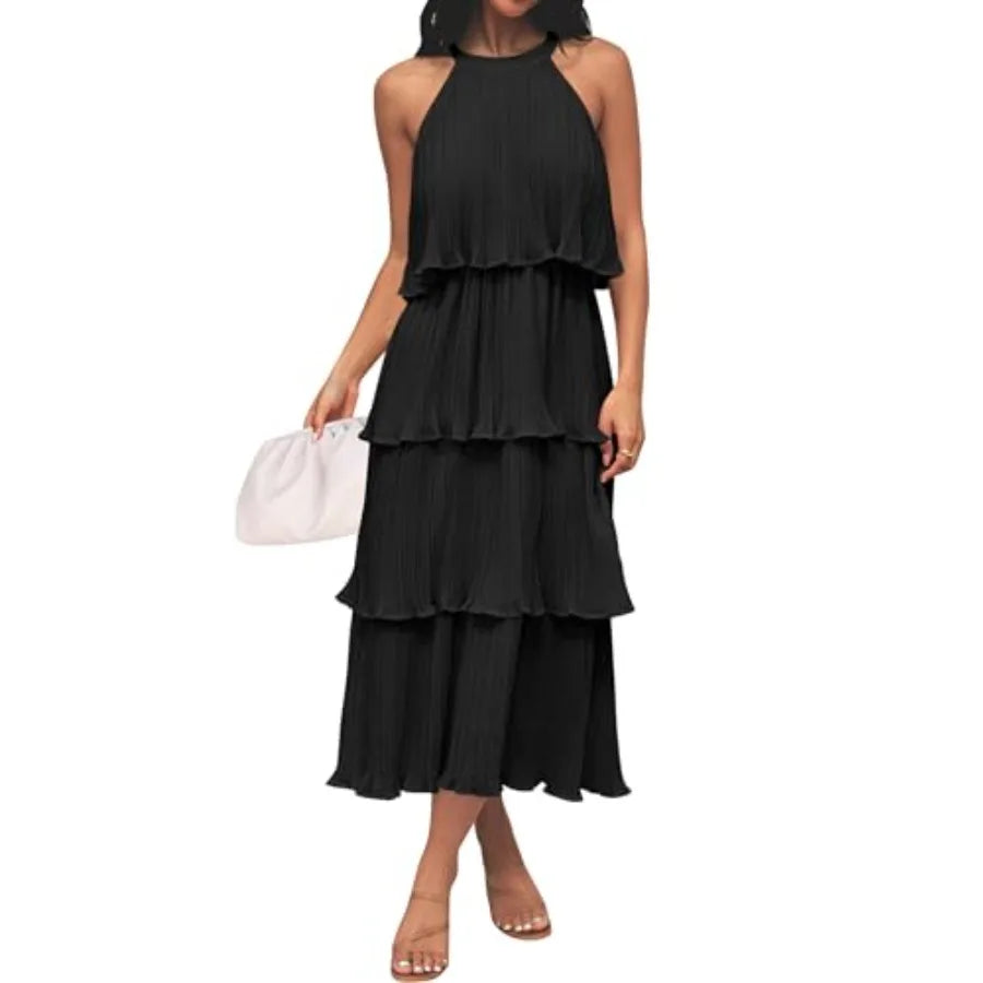ZESICA Women's 2026 Summer Sleeveless Halter Neck Ruffle Tie Layed Chiffon Flowy Swing Long Midi Dress